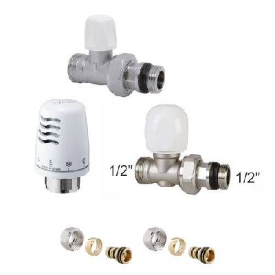 Kit valvole termostatiche dritte per radiatori con testa e adattatori 1/2" x 1/2"