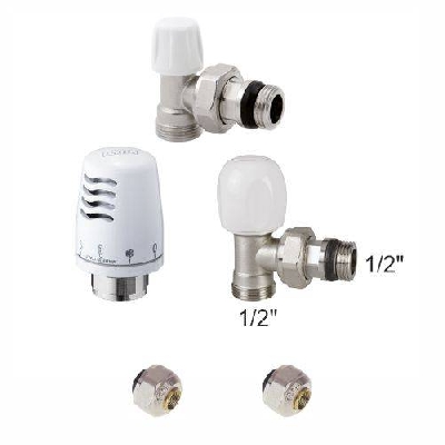 Kit valvole termostatiche a squadra per radiatori con testa e adattatori 1/2" x 1/2" tubo rame