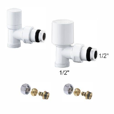 Kit valvole termostatiche bianche a squadra per radiatori con adattatori 1/2" x 1/2" tubo multistrato 20x2