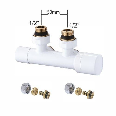 Valvola termostatica bianca interasse 50mm per radiatori con adattatori 1/2" x 1/2" tubo multistrato 16x2,5