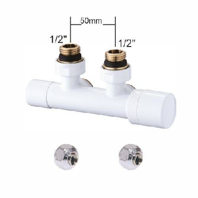 Valvola termostatica bianca interasse 50mm per radiatori con adattatori 1/2" x 1/2" tubo rame D. 12