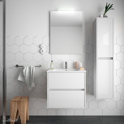 Salgar NOJA Mobile da bagno sospeso 60 cm bianco lucido con lavabo + specchio + applique a led