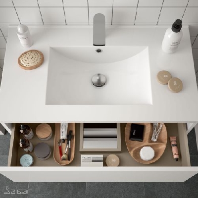 Salgar NOJA Mobile da bagno sospeso 80 cm bianco lucido con lavabo + specchio + applique a led