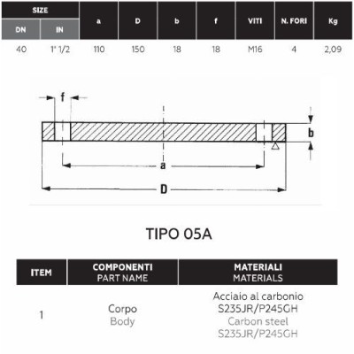 Flangia CIECA PN 16 DN 40 in acciaio al carbonio